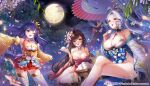  3girls :d apple_caramel architecture baozi blue_eyes blue_hair blurry blurry_foreground blush breasts brown_hair cleavage cloud commentary company_name crossed_legs dango dress east_asian_architecture eating flower food full_moon grey_hair hair_flower hair_ornament highres large_breasts looking_at_viewer moon multiple_girls night night_sky official_art oil-paper_umbrella one_eye_closed open_mouth original purple_eyes red_skirt sanbou sitting skirt sky smile standing susuki_grass thighhighs tsukimi tsukimi_dango umbrella wagashi watermark wide_sleeves 