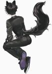  1boy animal_ear_fluff animal_ears ass belt black_gloves black_hair black_pants black_shirt black_vest blood blood_on_arm colored_shoe_soles crossed_ankles facing_away from_behind full_body gloves highres holostars invisible_chair jackal_boy jackal_ears jackal_tail kageyama_shien male_focus momiage_40 multicolored_hair pants shirt shoes short_hair simple_background sitting solo streaked_hair vest virtual_youtuber white_background white_hair 