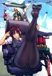  1girl aircraft airplane ass black_pantyhose brown_hair chikyuu_boueigun_(tokusatsu) commentary_request crotch_seam feet gusset hair_ribbon high_ponytail highres kamisimo_90 kneepits legs legs_together legs_up long_sleeves looking_at_viewer mecha moguera necktie open_mouth original panties panties_under_pantyhose pantyhose pleated_skirt ponytail ponytail_girl_(kamisimo_90) presenting purple_eyes red_necktie red_ribbon revision ribbon robot shirt short_sleeves sitting skirt smile soles solo thighband_pantyhose thighs underwear uniform vest weapon white_shirt 
