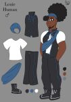 absurd_res afro beard clothed clothing digital_media_(artwork) english_text facial_hair fennythefox footwear hair hi_res human louie_(fennythefox) male mammal model_sheet muscular muscular_male original_character shoes simple_background solo standing text topwear vest