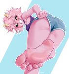 2024 5_fingers 5_toes absurd_res ashido_mina bare_legs barefoot bent_over black_sclera bottomwear butt clothing clothing_pull feet female fingers foot_focus grin hair hi_res horn horned_humanoid humanoid humanoid_feet leaning leaning_forward looking_at_viewer looking_back looking_back_at_viewer my_hero_academia not_furry pink_body pink_hair pink_skin plantigrade shirt short_hair shorts signature smile solo staerk teeth toes topwear yellow_eyes