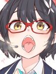  1girl ? ?? ayane_(blue_archive) black_hair blue_archive blush hair_between_eyes highres microphone open_mouth parallel_fleet pointy_ears red-framed_eyewear short_hair simple_background teeth tongue tongue_out white_background yellow_eyes 