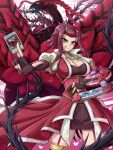  1girl artist_name black_rose_dragon breasts card choker cleavage collarbone cowboy_shot dragon dress duel_disk fgsketch fingerless_gloves garter_straps gloves glowing_tattoo highres holding holding_card izayoi_aki large_breasts long_hair looking_at_viewer petals red_choker red_dress red_hair sharp_teeth spikes teeth trading_card yellow_eyes yu-gi-oh! yu-gi-oh!_5d&#039;s 