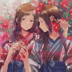  2girls bangs blue_kimono bow brown_eyes brown_hair closed_eyes flower flower_request fly_(marguerite) hair_bow hair_flower hair_ornament hand_up highres japanese_clothes kimono long_hair mole multiple_girls obi original parted_lips red_flower red_kimono sash short_sleeves white_bow 