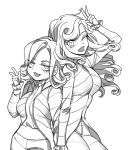  2girls breasts commentary_request curly_hair dual_persona funny_valentine genderswap genderswap_(mtf) height_difference holding_hands jojo_no_kimyou_na_bouken large_breasts long_hair multiple_girls one_eye_closed open_mouth sempon_(doppio_note) smile steel_ball_run 