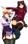  2girls ahoge alternate_legwear artoria_pendragon_(fate) black_hair black_skirt black_thighhighs blonde_hair blouse blue_ribbon blue_skirt commentary_request cross fate/stay_night fate_(series) garter_straps green_eyes hair_ribbon hand_on_own_hip kamisimo_90 long_hair looking_at_viewer multiple_girls panties pantyshot pleated_skirt red_sweater ribbon saber_(fate) shirt skirt smile striped_clothes striped_panties sweater thighhighs tohsaka_rin two_side_up underwear white_background white_shirt wind wind_lift 