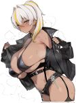  1girl artist_request bikini black_bikini black_gloves black_jacket black_shorts black_thighhighs blonde_hair blush breasts breath cowboy_shot cross cross_earrings dark-skinned_female dark_skin ear_piercing earrings fingerless_gloves from_side garter_straps gloves hair_intakes highres jacket jewelry korean_commentary large_breasts looking_at_viewer luvdia medium_hair micro_shorts multicolored_hair navel necklace off_shoulder open_clothes open_jacket park_dona piercing ponytail puckered_lips second-party_source shorts simple_background solo standing steaming_body streaked_hair string_bikini sweat swimsuit thighhighs two-tone_hair underbust virtual_youtuber white_background white_hair yellow_eyes 