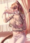  1girl bra breasts brown_eyes brown_hair brown_sweater cherry_blossoms covered_nipples flower hair_between_eyes hair_flower hair_ornament highres holding holding_bra holding_clothes holding_underwear indoors kantai_collection large_breasts long_hair looking_at_viewer midriff mrdotd navel official_alternate_costume pants pink_bra presenting_bra removing_bra removing_bra_under_shirt ribbed_sweater sitting smile solo sweater underwear very_long_hair white_pants yamato_(kancolle) 
