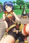  1girl bare_shoulders black_shorts blue_hair braid campfire china_dress chinese_clothes dress genshin_impact highres looking_at_viewer naughty_face pot short_hair short_shorts shorts sleeveless solo spread_legs springveiv tree twin_braids xiangling_(genshin_impact) yellow_eyes 