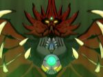  absurdres getter_robo getter_robo_arc getter_saint_dragon glowing glowing_eyes green_background highres horns mecha monster motion_blur motion_lines nagai_(pixiv50195132) no_humans shin_getter_robo solo spikes upper_body yellow_eyes 