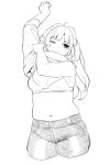  1girl ahoge black_eyes blunt_bangs bra breasts cropped_legs denim dressing expressionless hair_intakes hand_up highres jeans long_hair looking_to_the_side medium_breasts monochrome nimo_(b45ui) one_eye_closed original pants plump pulling sketch stomach sweater underwear white_background 