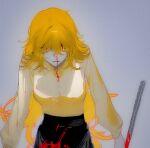  1girl black_pants blonde_hair blood breasts collared_shirt genderswap genderswap_(mtf) large_breasts limbus_company long_hair looking_at_viewer nosebleed pants patchfire project_moon shirt sinclair_(project_moon) solo upper_body very_long_hair white_shirt yellow_eyes 