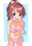  1girl blue_background blush bow bra breasts brown_hair collarbone commentary_request cowboy_shot floral_print hair_bow hand_up highres idolmaster idolmaster_cinderella_girls lace-trimmed_bra lace-trimmed_panties lace_trim long_hair looking_at_viewer navel open_mouth panties pink_bow pink_bra pink_panties ponytail print_bra print_panties red_eyes shadow shiina_noriko small_breasts smile solo stomach thighs underwear wgm_oekaki 