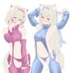  2girls absurdres animal_ear_fluff animal_ears bandaid bandaid_hair_ornament blonde_hair blue_eyes blue_hair blue_panties blue_sweater blue_thighhighs blush breasts dog_ears dog_girl dog_tail fang fuwawa_abyssgard hair_ornament hairpin highres hololive hololive_english large_breasts long_hair medium_hair meme_attire mococo_abyssgard multicolored_hair multiple_girls panties pink_eyes pink_hair pink_panties pink_sweater revil0l siblings side-tie_panties sisters skin_fang small_breasts smile solo streaked_hair sweater tail thighhighs twins two_side_up underwear virgin_destroyer_sweater virtual_youtuber x_hair_ornament 