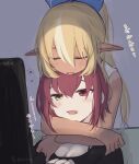  2girls bare_arms black_shirt blonde_hair blue_bow bow closed_eyes closed_mouth commentary dark-skinned_female dark_skin fang hair_bow heterochromia highres hololive houshou_marine hug hug_from_behind long_hair monitor multiple_girls parted_lips pointy_ears red_eyes red_hair shiranui_flare shirt skin_fang symbol-only_commentary translation_request tsubudashi virtual_youtuber yellow_eyes yuri 