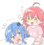  2girls ahoge anger_vein blue_eyes blue_hair blush ear_blush green_eyes hololive hoshimachi_suisei long_hair lying multiple_girls on_bed on_stomach open_mouth pillow pink_hair pink_shirt sakura_miko seiza shirt short_sleeves sitting translation_request tsubudashi v-shaped_eyebrows virtual_youtuber white_background yuri 