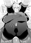  1boy ass bulge dragon_boy dragon_horns dragon_tail fate/apocrypha fate/grand_order fate_(series) feet_out_of_frame greyscale horns hugging_own_legs legs_up long_hair looking_at_viewer male_focus monochrome pectoral_cleavage pectorals sieg_(fate) solo tail thought_bubble toned toned_male translation_request yomotsuki_road 