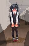  1girl angry asashio_(kancolle) bangs belt black_dress black_hair black_legwear blue_eyes blush buttons clenched_teeth collared_shirt commentary_request dress dress_tug embarrassed eyebrows_visible_through_hair flat_chest full-face_blush full_body hallway highres indoors kantai_collection long_hair long_sleeves looking_at_viewer narumiya neck_ribbon pee peeing peeing_self pigeon-toed pinafore_dress puddle red_footwear red_neckwear red_ribbon ribbon school_uniform shiny shiny_hair shirt shoes sidelocks silhouette sleeveless sleeveless_dress solo_focus sparkle standing straight-on tears teeth textless thighhighs trembling v-shaped_eyebrows wet wet_clothes white_shirt zettai_ryouiki 