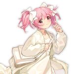  1girl absurdres bag blush bow chinese_commentary coat collarbone commentary_request cowboy_shot dress from_side hair_bow hand_up highres holding_strap index_finger_raised kaname_madoka long_sleeves looking_at_viewer mahou_shoujo_madoka_magica mahou_shoujo_madoka_magica_(anime) open_clothes open_coat outline pink_eyes pink_hair shan_tong_tong short_hair short_twintails shoulder_bag simple_background smile solo twintails upper_body white_background white_bow white_coat white_dress white_outline 