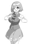  1girl breasts cross-laced_clothes greyscale large_breasts long_sleeves looking_at_viewer monochrome one_eye_closed onkn_sxkn shirt short_hair simple_background skirt solo tatara_kogasa tongue tongue_out touhou vest 