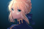  1girl artoria_pendragon_(fate) blonde_hair blue_ribbon braid crown_braid dress fate/stay_night fate_(series) french_braid from_behind gradient gradient_background green_background green_eyes looking_at_viewer looking_back ribbon roku_(ntbr_fate) saber smile solo symbol-only_commentary upper_body 