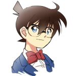  1boy blue_eyes blue_jacket bow bowtie brown_hair collared_shirt commentary_request edogawa_conan glasses hair_between_eyes jacket looking_up male_focus meitantei_conan pirkgk4869 red_bow red_bowtie shirt short_hair simple_background smile solo upper_body white_background white_shirt 