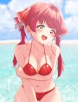  1girl :d arm_under_breasts bangs bikini blush breast_squeeze breasts cloud collarbone day eyebrows_visible_through_hair hair_ribbon head_tilt heterochromia highres hololive houshou_marine long_hair looking_at_viewer navel ocean open_mouth outdoors red_bikini red_eyes red_hair red_ribbon ribbon shooot108 sky smile solo swimsuit twintails virtual_youtuber wet yellow_eyes 