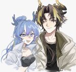  1boy 1girl ;) arknights black_hair black_horns blonde_hair blue_eyes blue_hair blue_horns brown_hair brown_horns chinese_commentary chong_yue_(arknights) closed_mouth commentary_request cropped_torso dragon_boy dragon_girl dragon_horns grey_background grey_eyes hair_between_eyes high_collar horns ling_(arknights) long_hair looking_at_viewer multicolored_hair naideernail one_eye_closed open_mouth pointy_ears purple_hair simple_background sketch smile streaked_hair 