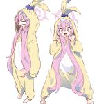  1girl animal_costume blank_eyes blue_archive blush_stickers hair_between_eyes halo hands_up highres hood hood_up koyuki_(blue_archive) long_hair long_sleeves looking_at_viewer multiple_views ocha_(popopogg) open_mouth pajamas pink_eyes pink_hair pink_halo rabbit_costume simple_background smile standing twintails very_long_hair white_background 