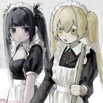  2girls :&lt; apron black_dress black_eyes black_hair blonde_hair blunt_bangs blush borrowed_character breasts cleavage closed_mouth commentary_request dress frilled_apron frills giv_81 highres holding ibispaint_(medium) juliet_sleeves long_hair long_sleeves looking_ahead looking_to_the_side maid maid_apron maid_headdress making-of_available multiple_girls open_mouth original outdoors puffy_short_sleeves puffy_sleeves short_sleeves sidelocks small_breasts snow snowing twintails twitter_username white_apron yellow_eyes 