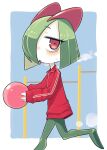  bags_under_eyes ball blue_background clothed_pokemon green_hair hair_over_one_eye heavy_breathing highres holding holding_ball horns ino_(tellu0120) jacket kirlia parted_lips pink_eyes pokemon pokemon_(creature) red_jacket sidelocks simple_background sweatdrop track_jacket 