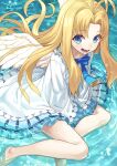  1girl :d antenna_hair bangs barefoot blonde_hair blue_bow blue_eyes bow commentary_request dress eyebrows_visible_through_hair feathered_wings firo_(tate_no_yuusha_no_nariagari) highres long_hair long_sleeves looking_at_viewer open_mouth parted_bangs shallow_water sitting sleeves_past_fingers sleeves_past_wrists smile solo tate_no_yuusha_no_nariagari tokumaro very_long_hair water white_dress white_wings wide_sleeves wings yokozuwari 