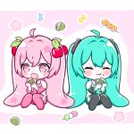  2girls ^_^ ahoge aqua_hair aqua_necktie bare_shoulders black_footwear black_skirt boots border cherry_hair_ornament chibi closed_eyes closed_mouth collared_shirt dango detached_sleeves dual_persona eating food food-themed_hair_ornament food_on_face hair_between_eyes hair_intakes hair_ornament hatsune_miku highres holding holding_food knees_up light_blush long_hair long_sleeves multiple_girls musical_note necktie no_pupils official_alternate_costume onigiri open_mouth pink_background pink_eyes pink_footwear pink_hair pink_skirt pleated_skirt sakura_miku sanshoku_dango shirt sidelocks simple_background sitting skirt sleeveless sleeveless_shirt thigh_boots twintails uzuki_sena very_long_hair vocaloid wagashi white_border white_shirt 