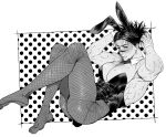  1boy animal_ear_hairband animal_ears bare_shoulders barefoot black_eyes black_hair blush bow bowtie choso_(jujutsu_kaisen) clenched_teeth detached_collar ear_blush embarrassed fake_animal_ears fishnet_pantyhose fishnets from_side full_body greyscale hairband hands_on_own_head highres jujutsu_kaisen knees_up large_pectorals leaning_back light_frown looking_at_viewer male_focus male_playboy_bunny monochrome muscular muscular_male pantyhose pectoral_cleavage pectorals rabbit_ear_hairband rabbit_ears simple_background solo sweatdrop teeth uoru1_juju wrist_cuffs yaoi 