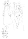  1girl animal_ears antlers chibi commentary deltarune freckles furry greyscale highres hooves inuki_(aruurara) long_sleeves looking_at_viewer monochrome multiple_views noelle_holiday robe smile 