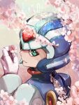  1boy absurdres android blue_eyes blue_helmet blue_ribbon cherry_blossoms cyber_elf_x_(mega_man) forehead_jewel from_above from_behind halo highres looking_at_viewer looking_back mechanical_wings mega_man_(series) mega_man_zero_(series) omochi_(mochi_skymega) pink_theme ribbon solo wings x_(mega_man) 