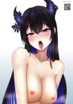  1girl absurdres ahegao asymmetrical_horns black_flower black_hair blue_hair blush breasts colored_inner_hair demon_horns flower gradient_background highres hololive hololive_english horn_flower horns large_breasts long_hair looking_at_viewer mole mole_under_eye multicolored_hair naughty_face nerissa_ravencroft nipples nude oodnap red_eyes saliva solo sweat tongue tongue_out two-tone_hair uneven_horns upper_body very_long_hair virtual_youtuber 
