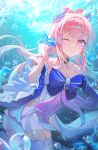 1girl ;) absurdres bare_shoulders blue_bow bow commentary dress genshin_impact hair_intakes hand_up highres long_hair off-shoulder_dress off_shoulder one_eye_closed pink_hair purple_eyes sangonomiya_kokomi shorts smile solo thighhighs underwater very_long_hair white_shorts youwon0417 