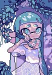  1girl aqua_eyes aqua_hair bouquet closed_mouth commentary_request dress highres holding holding_bouquet inkling inkling_girl inkling_player_character leaf long_hair pixel_art plant smile solo splatoon_(series) squid_ikaaa tentacle_hair thick_eyebrows white_dress 