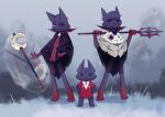 anthro aym_(cult_of_the_lamb) baal_(cult_of_the_lamb) clothed clothing cult_of_the_lamb domestic_cat felid feline felis fluffy group holding_object holding_weapon looking_at_viewer male mammal massive_monster_(studio) narinder outside prick_ears red_eyes size_difference staff standing the_one_who_waits trio unknown_artist weapon