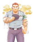  1boy bandaid bandaid_on_cheek bara blue_pants blush brown_hair bulge cloud ei_(marutendon) feet_out_of_frame fire_deity_(housamo) hat looking_at_viewer male_focus muscular muscular_male pants pectorals police police_hat police_uniform short_hair smile solo straight-on thick_thighs thighs tokyo_afterschool_summoners uniform 