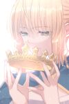  1girl ahoge artoria_pendragon_(fate) backlighting blonde_hair crown crown_removed dress eyebrows_visible_through_hair fate/stay_night fate_(series) green_eyes highres holding holding_crown long_hair ribbon roku_(ntbr_fate) saber solo upper_body white_background 