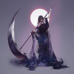  1girl absurdres aisnow432 armlet bangs bare_shoulders black_dress black_hair chinese_commentary collarbone commentary_request dress evernight_goddess full_body full_moon goddess hidden_eyes highres holding holding_weapon long_hair lord_of_the_mysteries moon red_moon scythe smile solo weapon 