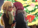  2girls black_coat blonde_hair blurry blurry_background breath brown_coat brown_scarf cellphone christmas christmas_tree closed_eyes coat commentary_request dark-skinned_female dark_skin earrings fang holding holding_phone hololive houshou_marine imminent_kiss jewelry long_hair multicolored_hair multiple_girls outdoors parted_lips phone pointy_ears red_eyes red_hair scarf shiranui_flare skin_fang smartphone streaked_hair tsubudashi twitter_username upper_body virtual_youtuber white_hair white_scarf yuri 