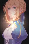  1girl ahoge artoria_pendragon_(fate) black_background blonde_hair blue_ribbon braid crown_braid dress fate/stay_night fate_(series) french_braid green_eyes highres looking_at_viewer parted_lips ribbon roku_(ntbr_fate) saber solo 
