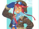  1girl bangs blue_eyes blue_gloves brown_jacket commentary cropped_jacket eyelashes floating_hair gloves go-lurk goggles goggles_on_headwear grin hand_up hat jacket one_eye_closed open_clothes open_jacket pilot pokemon pokemon_(game) pokemon_bw red_hair salute shiny shiny_hair short_hair_with_long_locks sidelocks skyla_(pokemon) smile solo upper_body 