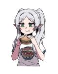  1girl alternate_costume burger commentary cropped_torso dangle_earrings earrings eating food food_in_mouth food_on_face frieren green_eyes jewelry karepack long_hair parted_bangs shirt short_sleeves simple_background smile solo sousou_no_frieren symbol-only_commentary text_print twintails white_background white_hair white_shirt 