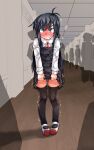  1girl angry asashio_(kancolle) bangs belt black_dress black_hair black_legwear blue_eyes blush buttons clenched_teeth collared_shirt commentary_request dress dress_tug embarrassed eyebrows_visible_through_hair flat_chest full-face_blush full_body hallway have_to_pee highres indoors kantai_collection long_hair long_sleeves looking_at_viewer narumiya neck_ribbon pigeon-toed pinafore_dress red_footwear red_neckwear red_ribbon ribbon school_uniform shiny shiny_hair shirt shoes sidelocks silhouette sleeveless sleeveless_dress solo_focus standing straight-on tears teeth textless thighhighs trembling v-shaped_eyebrows white_shirt zettai_ryouiki 