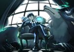  1boy absurdres black_footwear black_hair black_suit collared_shirt feru_(tonsuki) highres indoors long_sleeves mukouda_tsuyoshi shirt shoes short_hair sitting slime_(creature) sui_(tonsuki) suit throne tondemo_skill_de_isekai_hourou_meshi window wolf yappo_(point71) 