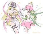  2girls angewomon armor bare_shoulders belt black_eyes blonde_hair blush breastplate breasts cleavage clothing_cutout covered_eyes digimon dress fairy fairy_wings flower green_hair hair_flower hair_ornament helmet helmet_over_eyes highres large_breasts lilimon long_hair monster_girl multiple_girls nagoshi o-ring one_eye_closed pink_ribbon plant_hair ribbon simple_background sketch sleeveless sleeveless_dress smile stomach_cutout thigh_strap white_background wings 